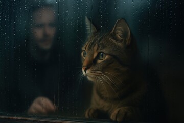 Cat looking outside through rainy window with blurred person in background
