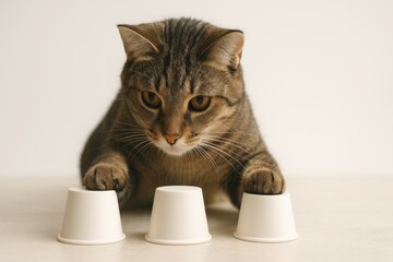 Tabby cat playing with cups on table in indoor setting