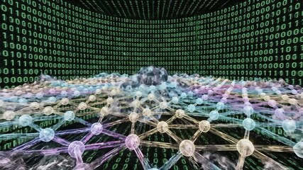 Abstract Data Network Visualization A Dynamic Interconnected Sphere with Binary Code Background Representing Global Connectivity and Digital Information Flow in a Futuristic Technology Concept. - Powered by Adobe