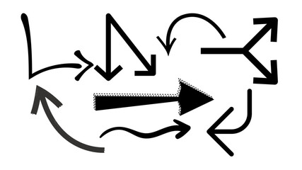 A collection of bold, curved, and zigzag hand-drawn arrows for creative diagrams, dynamic presentations, note highlights, and graphic design use.