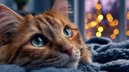 Closeup of a ginger cat with blue eyes looking outside the window at night