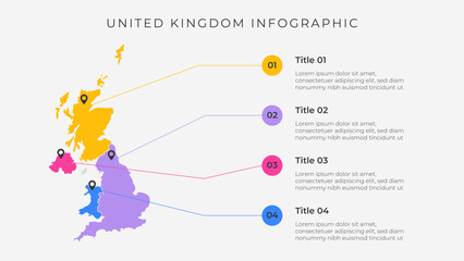United Kingdom map infographic template with 4 options. United Kingdom political map infographic for presentation.