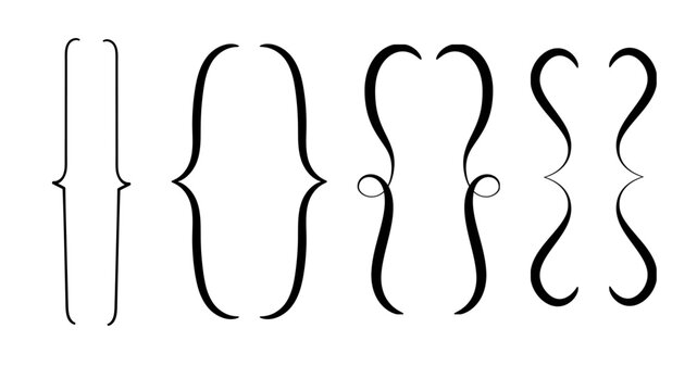 A set of decorative curly brackets and brace shapes ideal for typography, graphic design, diagrams, labels, and creative layout elements.