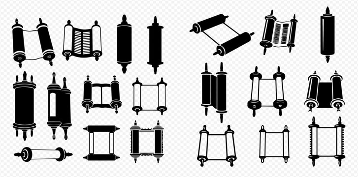 Set of ancient scroll icons in black and white, representing old manuscripts and parchment for religious texts or historical documents.