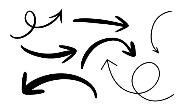 A set of decorative curved and swirly arrows ideal for creative illustrations, planners, presentations, mind maps, and hand-drawn style designs.