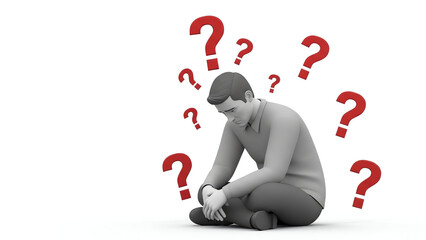 Man sitting with head in hands surrounded by question marks