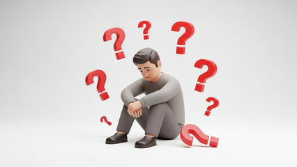 Man sitting with question marks representing confusion
