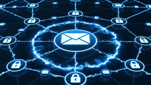 Title: Network of interconnected nodes with lock and email representing secure communication and