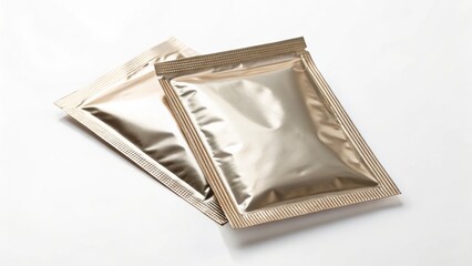 3D Packaging Mockups Two shiny metallic packets lying on a white surface.