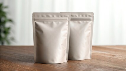3D Packaging Mockups Two sealed, neutral-colored pouches on a wooden surface with a soft background.