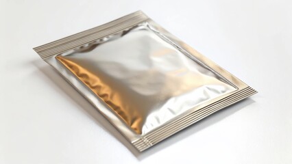3D Packaging Mockups Shiny silver packaging on a white surface, likely a food or product pouch.
