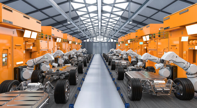 Automation automobile factory with robot assembly line manufacture ev car