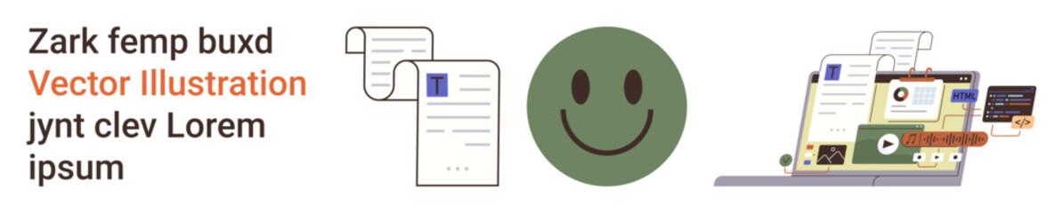 Fototapeta premium Digital communication, workflow management, online media, e-learning, document sharing, user engagement. Documents, happy face and laptop displaying media. Digital communication and workflow