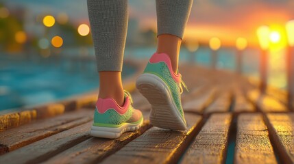 Person wearing colorful sneakers on a wooden dock at sunset by the water