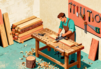 Carpenter Using Hand Plane to Smooth Wood on Workbench, Woodworking Hand Tool Craftsmanship in a Workshop, Traditional Carpentry Process