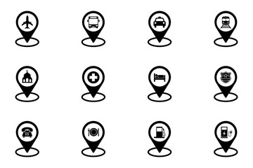 Public facility map pin location pointer set on white background. Symbol of station, restaurant, hospital, hotel, airport, public facilities. Set vector line icons of public facility