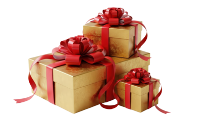 Three luxury gold gift boxes stacked with red ribbons and bows against a black background isolated on transparent background