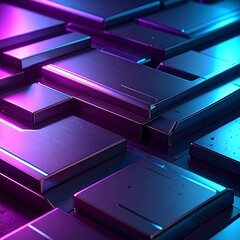 Metal rectangles arranged in a geometric pattern, lit with vibrant purple and cyan light, creating a futuristic look