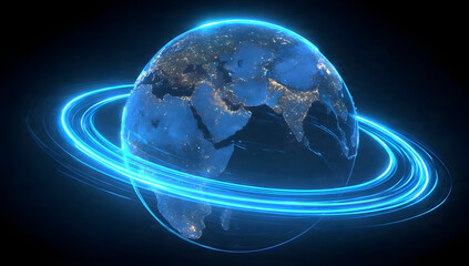 Floating futuristic hologram globe with blue neon rings, isolated high-res 