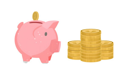 Money Saving Illustration PNG &ndash; Pink Piggy Bank with Gold Coins Clipart