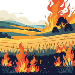 Flat vector illustration of wildfire in golden wheat field landscape, burning grass and trees with dramatic flames © Gian
