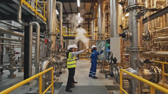 Industrial factory scene with metal pipes, steam, and workers in safety gear operating controls now!