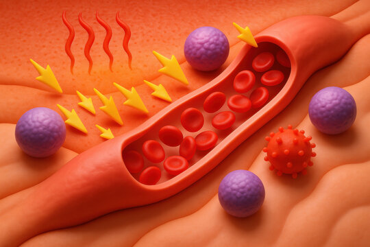 Biomedical illustration of acute inflammation with signaling and vessel dilation. Immune cell recruitment showing red blood cell flow in an artery for medical background concept