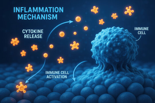 Scientific inflammation mechanism diagram shows cytokine release and immune cell activation. glowing molecular process with an intricate, cool blue scientific lighting concept
