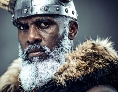 Close-up of stern, bearded warrior in horned helmet and fur