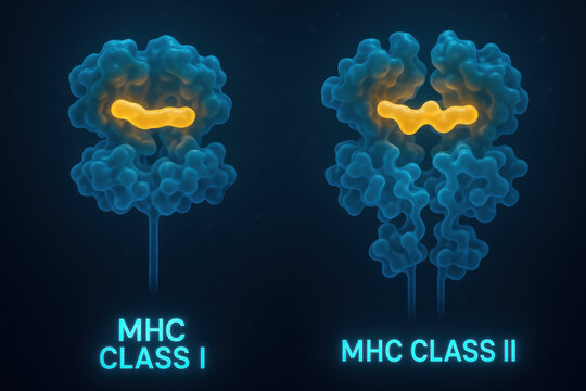MHC Class I and MHC Class II side by side comparison. medical illustration of glowing antigen presenting structure, protein molecule complex in immunology science