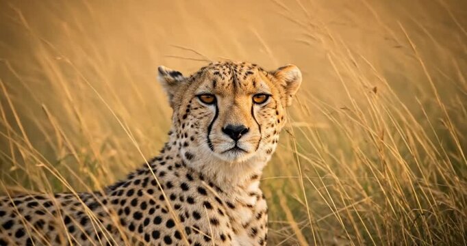 Close-up of a resting cheetah amidst tall golden grass in a serene savannah environment