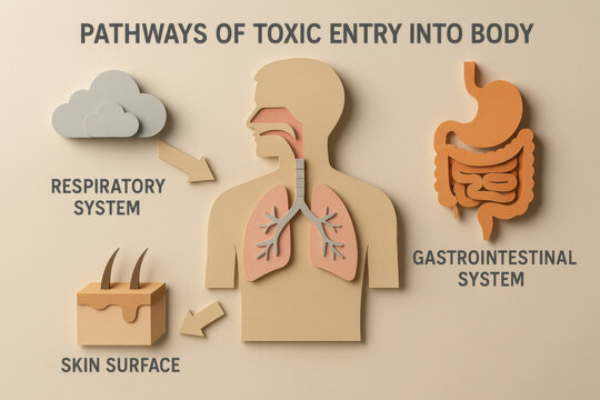 Medical infographic diagram showing pathways of toxic entry into body. This papercraft illustration highlights respiratory system, gastrointestinal system, and skin surface