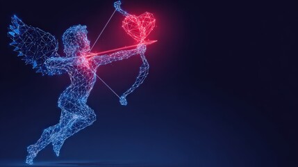 A digital depiction of Cupid, embodying love with a glowing heart. The ethereal figure is captured, aiming its arrow. ..Created with Generative AI, not depicting real subjects.
