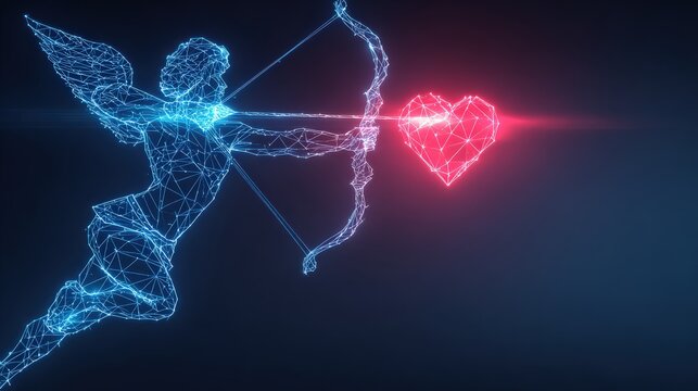 An abstract, digital representation of Cupid, the mythological figure of love, poised to fire an arrow at a glowing heart, set against a dark. Created with Generative AI, not depicting real subjects.