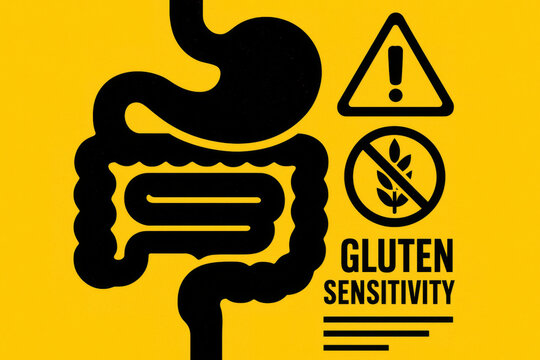 High contrast black and yellow graphic of digestive tract with alert icons. bold design highlighting health risks and awareness for gluten sensitivity issues