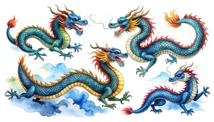 Obraz premium A set of five vibrant, watercolor-style mythical serpentine creatures with horns and flowing manes