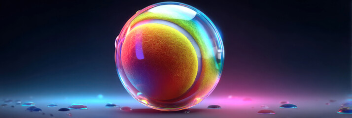 Colorful tennis ball covered with water drops on dark surface
