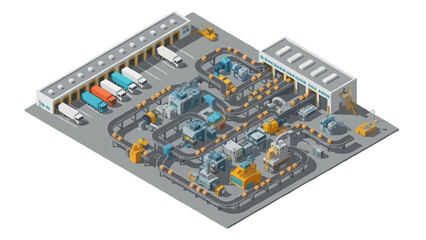 Detailed flat style manufacturing facility with conveyor belts, machinery blocks, loading bays, structured industrial layout, no outline, clean shadows, isolated on white