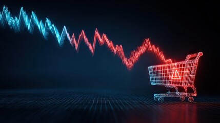 A visual representation of economic downturn, with a shopping cart illuminated in red set against a background of declining data points. ..Created with Generative AI, not depicting real subjects.