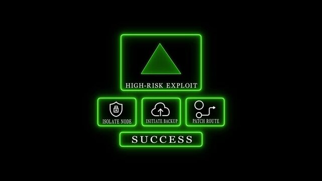 Cybersecurity alert high-risk exploit with response options.Glowing Technology neon animation 4k video.