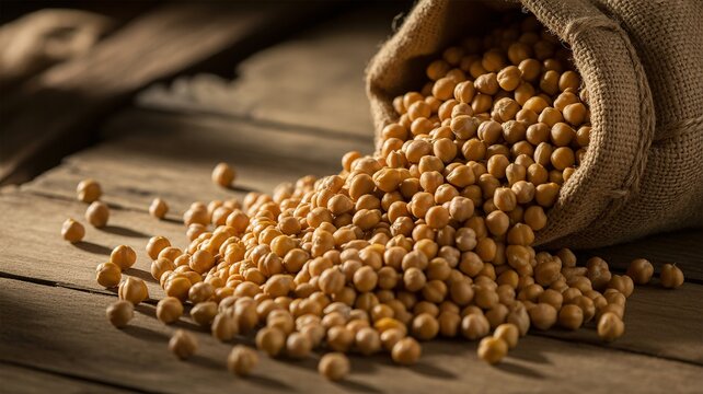 chickpeas in a burlap bag on wooden background.