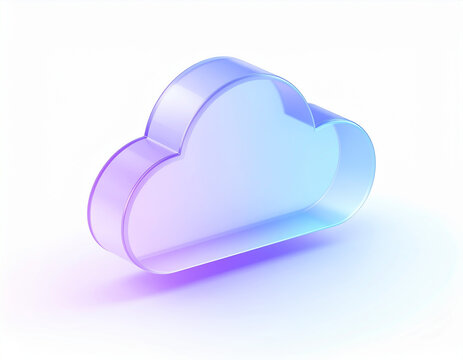 Glossy 3D Cloud Icon in blue and purple hues with matte glass effect&mdash;modern symbol of cloud computing and data.