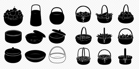 Collection of various basket and bowl silhouettes, including some filled with fruits and flowers, in black and white.