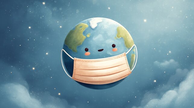 Conceptual illustration of earth wearing a protective face mask symbolizing global health awareness
