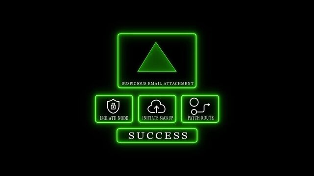 Cybersecurity alert suspicious email attachment successful with response options..Glowing Technology neon animation 4k video.