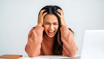 Stressed woman holding her head while working on laptop at home
