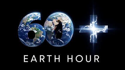 Earth hour earth hour promotion featuring earth globe in the shape of numbers sixty and plus sign on black background