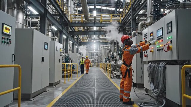 Three workers in safety gear monitor an industrial control room with panels, cables, gauges, meters
