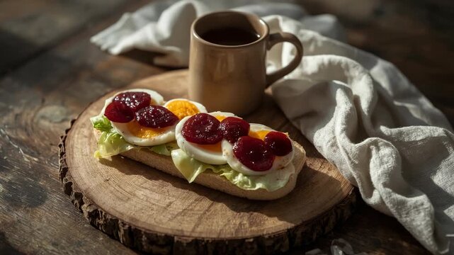 Rustic open-faced sandwich or sm&oslash;rrebr&oslash;d topped with fresh lettuce, sliced hard-boiled eggs, and pickled beetroot.
