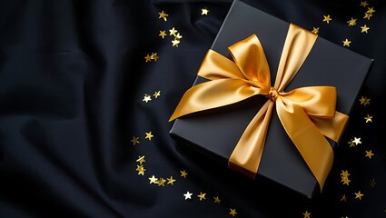 Elegant Black Gift Box with Gold Ribbon and Star Confetti on Fabric Background
